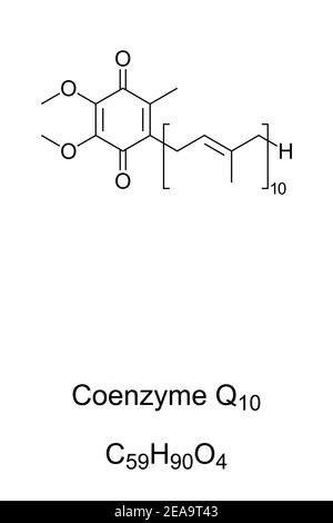 Coenzyme Q10, or also ubiquinone-10, chemical formula and skeletal structure. Most common form of coenzyme Q. Stock Photo