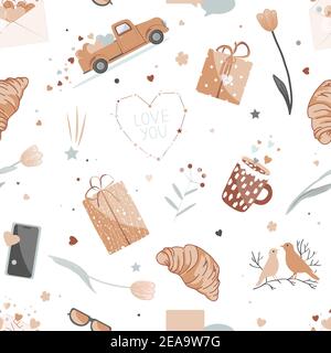 Cute Valentine Day seamless pattern with love signs and symbols. Red pickup truck with hearts, gifts, flowers, open envelope, croissants, birds couple Stock Vector