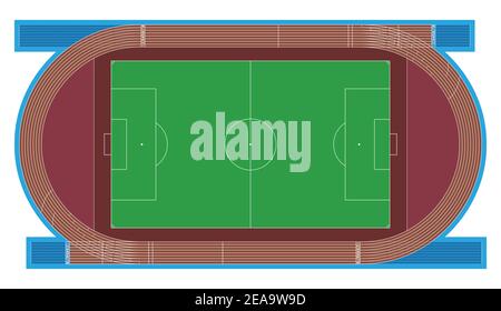 Vector illustration of sports gymnasium, soccer stadium and running track with measurements similar to real ones. Stock Vector