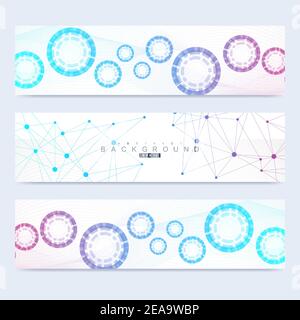 Scientific set of modern vector banners. DNA molecule structure with connected lines and dots. Scientific and technology concept. Wave flow graphic Stock Vector