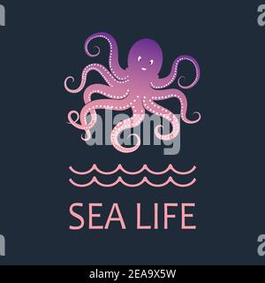 Pink octopus. Ocean animal character. Cartoon logo or sign. Vector illustration of sea life with text on blue background Stock Vector
