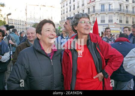 French Lutte Ouvriere General Secretary Arlette Laguiller during a political meeting of the Left forces held at Place Joliette in Marseille, southern France, on October 3, to support the SNCM's employees in strike since ten days. Photo by Gerald Holubowicz/ABACAPRESS.COM Stock Photo