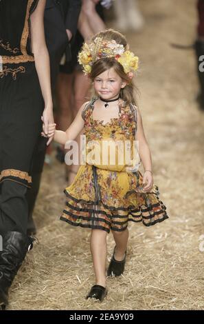 TV presenter Veronika Loubry's daughter Tylan displays a creation by French fashion  designer Jean-Paul Gaultier for his Spring-Summer 2006 ready-to-wear fashion  show in Paris, France, on October 4, 2005. Photo by  Nebinger-Orban/ABACAPRESS.COM