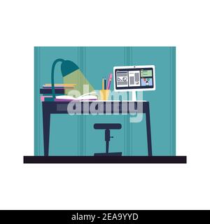 student desktop computer remote learning. 2d flat Stock Vector