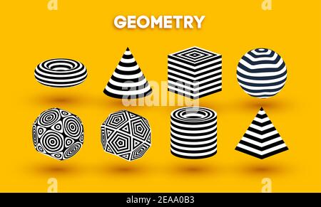Yellow background optical illusion shapes vector set. Pyramid striped. Cylinder and Cube optical abstract black and white lines design. Circle Stock Vector
