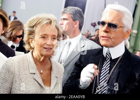 Madame Bernadette Chirac and German fashion deisgner Karl Lagerfeld pose backstage after the Chanel Ready-to-Wear Spring-Summer 2006 fashion show at 'Le Grand Palais', in Paris, France, on October 7, 2005. Photo by ABACAPRESS.COM Stock Photo