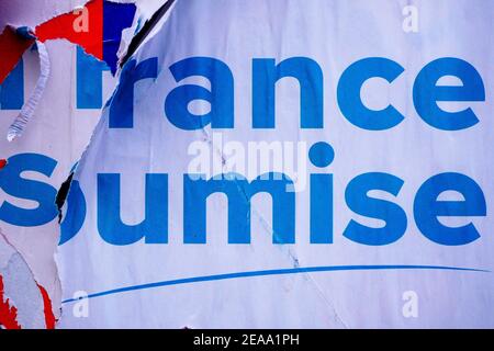 La France Insoumise, torn political poster, France Stock Photo
