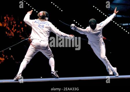 The new World Champion men's Epee, Russian Pavel Kolobkov, during the Fencing World Championships in Leipzig, Germany, on October 9, 2005. Vezzali won the gold medal against German Anja Muller 11-10. Photo by Stephane Kempinaire/Cameleon/ABACAPRESS.COM Stock Photo