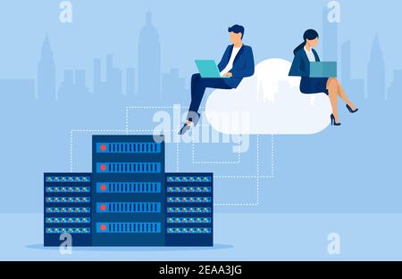 Vector of business people working on laptops using cloud storage service Stock Vector