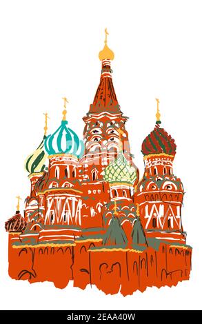 Hand drawn St Basil carhedral, Moscow, Russia, eps10 vector illustration isolated on white. Stock Vector
