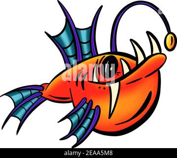 Colour Cartoon Anglerfish Fish Outline Illustration Vector Stock Vector