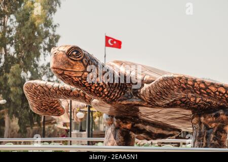 Famous monument to loggerhead Caretta sea turtle laying eggs in the sand on the beach with Turkish flag at the background. Dalyan river delta is a nat Stock Photo