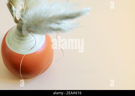 Pampas grass in round modern vase on the beige neutral background. Natural floral element of interior decorl. Top view, space for your text. Stock Photo