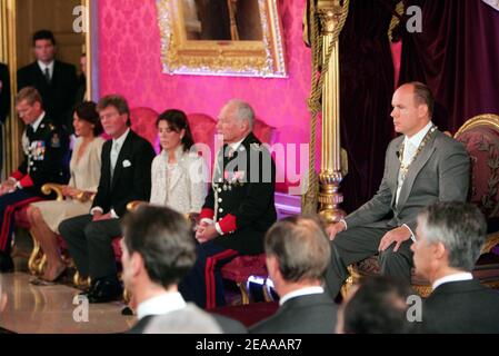 Princess Stephanie, Prince Ernst August of Hanover and Princess Caroline (L-R) attend ceremonies which invested Prince Albert (R) of Monaco as ruler of Monaco in Monte Carlo on November 17, 2005. Prince Albert is to be formally invested as ruler of Monaco this week in a series of ceremonies. Photo Pool/ABACAPRESS.COM Stock Photo