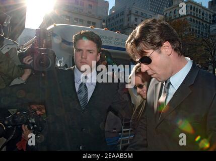 Australian Actor Russell Crowe and his wife Danielle Spencer arrive at the Manhattan Criminal Court in New York, NY on Friday November 18, 2005. He pleaded guilty to third-degree assault, admitting to a judge that he threw a phone that hit a Manhattan hotel concierge in June. Manhattan Criminal Court Judge Kathryn Freed sentenced the actor to a conditional discharge, which means he must not get arrested for one year. Photo by Nicolas Khayat/ABACAPRESS.COM Stock Photo