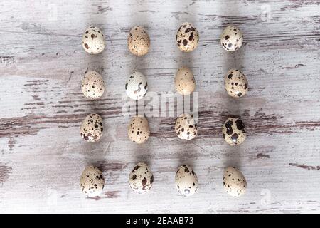 Quail eggs on wooden table background. Concept, template, top view, copy space Stock Photo