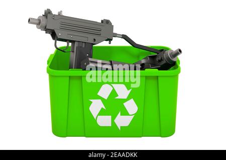 Recycling trashcan with assault rifle, submachine. 3D rendering ...