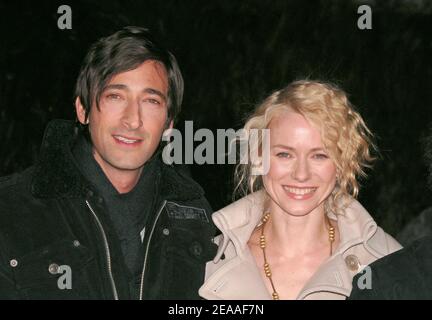 Actors and cast members Naomi Watts and Adrien Brody pose in front of a 20 feet (7 meters) tall statue of King Kong in the middle of Times Square to promote the world premiere of their new movie 'King Kong', in New York, on Monday December 5, 2005. Photo by Nicolas Khayat/ABACAPRESS.COM Stock Photo