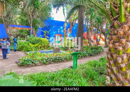 Garden of the Frida Kahlo Museum (Museo Frida Kahlo), also known as the Blue House (La Casa Azul) in Mexico City, Mexico on a sunny day. Stock Photo
