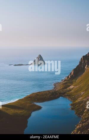 Aerial view Bleiksoya rock in the ocean landscape in Norway beautiful destinations summer travel nature scenery Vesteralen islands Stock Photo