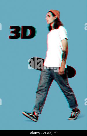 Colored and composite image with 3d graphic effect. Vertical photo of calm young adult man walking with skateboard in hand against drawing background Stock Photo