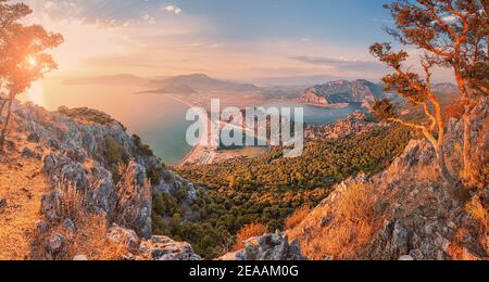 Stunning panoramic view from the top of the mountain to the blue bay and lagoon near the town of Dalyan in Turkey. Famous Mediterranean resorts and th Stock Photo