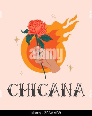 Chicana T-Shirt Design With A Tattoo like Rose Illustration Stock Photo