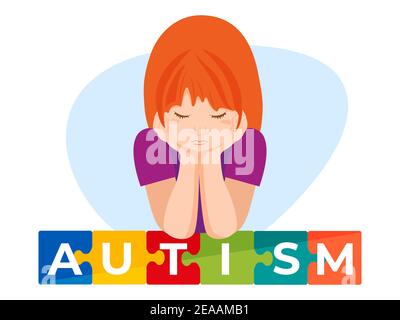 Puzzle with Autism sign. Sad kid girl sitting and thinking alone. Stock Vector