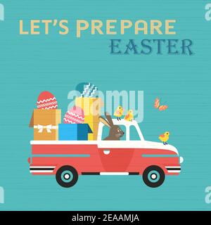 Cute Easter Rabbit in Truck with Gifts Stock Vector