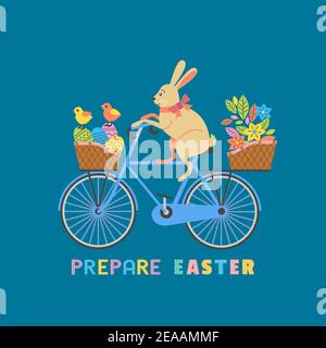 Cute Easter Rabbit on Bicycle with Eggs in basket Stock Vector