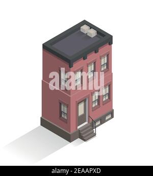 Isometric vector illustration of 2 floor living house from red bricks. New York block. Brooklyn apartment. Stock Vector