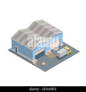 Vector isometric illustration of warehouse building with cargo car and boxes. Warehouse exterior. Warehouse web. Logistic storage. Stock Vector