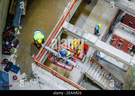 Oberhausen, Ruhr area, North Rhine-Westphalia, Germany - Emscher conversion, new construction of the Emscher AKE sewer, here the new pumping station in Oberhausen, the ecological conversion of the Emscher system consists of the construction of a central sewage treatment system in the Ruhr area, the construction of sewers and renaturation of the Emscher and its tributaries . Stock Photo