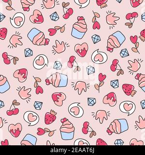 Seamless doodle love pattern.Vector illustration. Valentines Day. Hearts, cupcakes, sweets, love and berries. Pastel pink, blue and beige background. Stock Vector