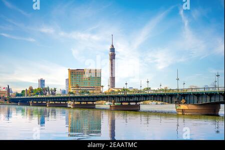 Nile and Cairo panorama in the evening. Egypt Stock Photo