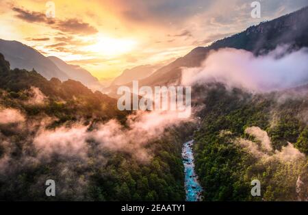 Montenegro, panorama mountains and of sunset sky over world famous tara river. Canyon near city Zabljak