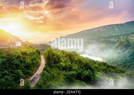 Montenegro, panorama mountains and of sunset sky over world famous tara river. Canyon near city Zabljak