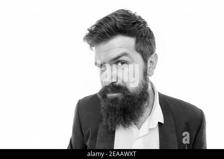 Its time to shave beard off. Hipster with beard and mustache hair. Bearded man isolated on white. Beard shave. Barbershop shave. Classic shave. Skincare. Haircare. Mens shaving products, copy space. Stock Photo