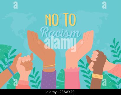 black lives, diverse hands raised no to racism vector illustration