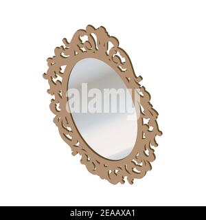 Isometric mirror in wooden frame isolated on white background. Two wall mirrors with blurry reflection vector cartoon illustration. Stock Vector