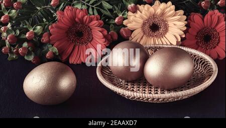 Three golden Easter eggs in rattan plate on dark background with Springtime flowers, herbera daisy. Reflections in metal tray. Stock Photo