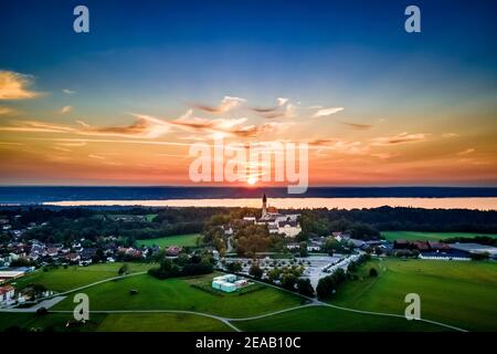 Germany, Bavaria, Upper Bavaria, Andechs Monastery in the Five Lakes Region at sunset Stock Photo