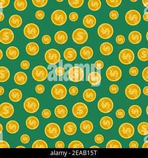 Bright seamless pattern with gold coins dollars on a green background Stock Vector