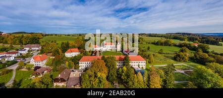 Aerial view, Wessobrunn Monastery, Pfaffenwinkel, Upper Bavaria, Bavaria, Germany, Europe Stock Photo