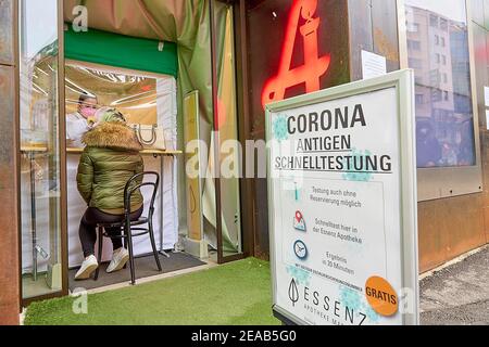 Vienna, Austria. 8th Feb, 2021. A woman receives a COVID-19 rapid antigen test at a pharmacy in Vienna, Austria, on Feb. 8, 2021. Around 400 pharmacies across Austria started offering the opportunity to be tested for the coronavirus free of charge using rapid antigen tests on Monday. Credit: Georges Schneider/Xinhua/Alamy Live News Stock Photo