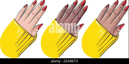 Hand nails new manicure, red polish cover art. Womn hand in different skintones showing new beauty procedure Vector Stock Vector