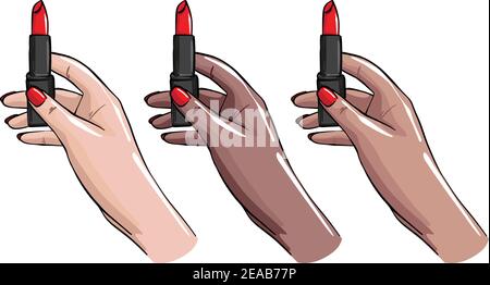 Women hands with red nails holding lipstick, Makeup salon advertising. Beauty clipart in vector .  Different skintones Stock Vector