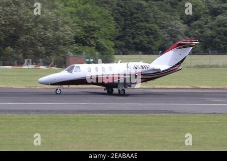 N889TF, a privately-owned Cessna 525 CitationJet M2, at Prestwick International Airport in Ayrshire, Scotland. Stock Photo