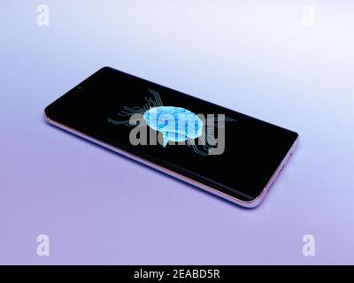 Smart phone, mobile phone isolated, Artificial Intelligence . binary code, virtual concept for web and technology, processor Stock Photo