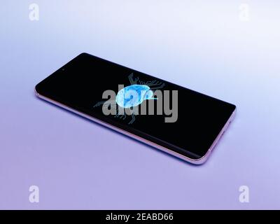 Smart phone, mobile phone isolated, Artificial Intelligence . binary code, virtual concept for web and technology, processor Stock Photo